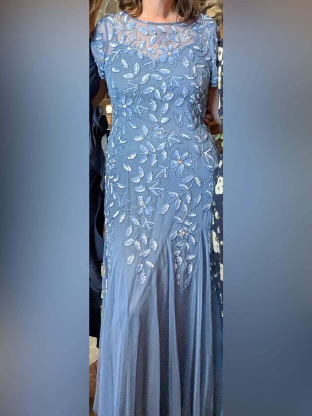 Adrianna Papell Blue Beaded Floral Maxi Dress